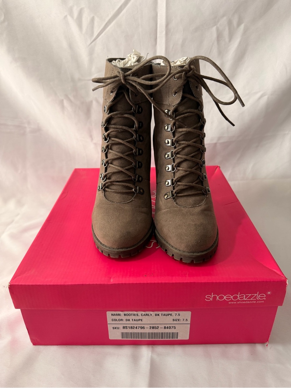 Shoe Dazzle Carly Lace-Up Booties in Dark Taupe